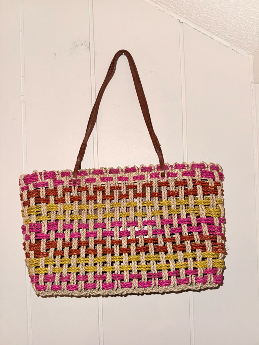 Woven Straw Tote Bag in Pink, Yellow & Brown vintage Inge Sport